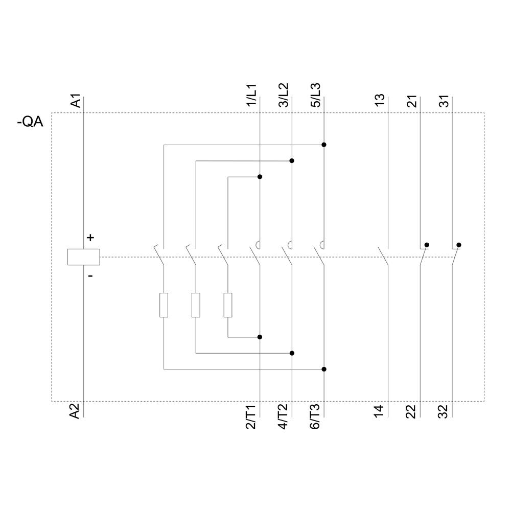 Schaltplan eines 3-poligen Thermorelais (-QA) mit Anschlüssen und Schaltkontakten (A1, A2, 1L1, 3L2, 5L3, 2T1, 4T2, 6T3, 13, 14, 31, 32).