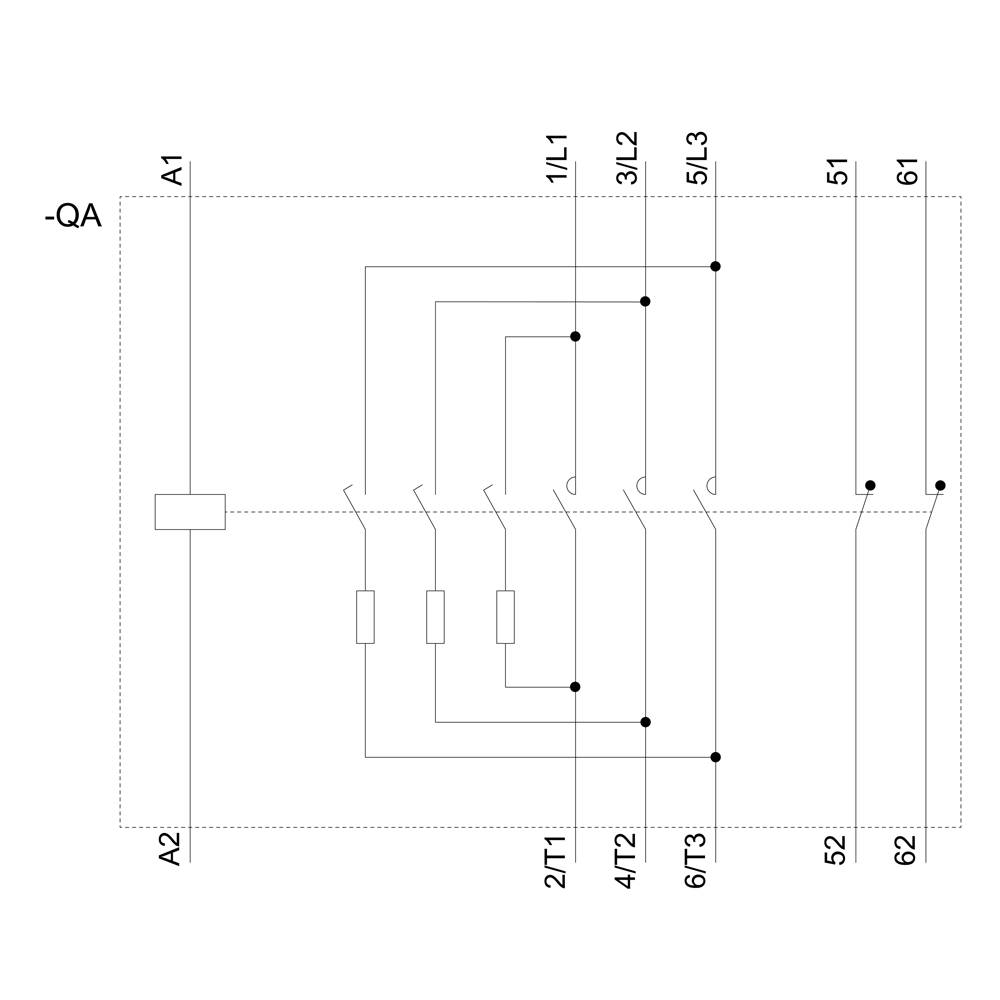 Schaltplan eines elektromechanischen Relais mit Anschlüssen: 1L1, 3L2, 5L3 für Stromzufuhr; A1, A2 für Steuerung; 51, 52, 61, 62 für Ausgänge.