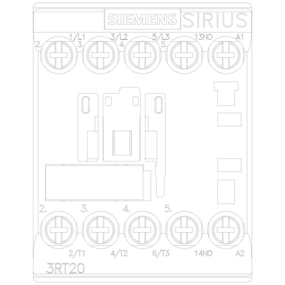 Ein Siemens Sirius Schütz, Typ 3RT20, mit Anschlüssen L1, L2, L3, 13NO, 21, 22, 14, A1, A2. Zeichnung zeigt Bedien- und Anschlussbereiche.