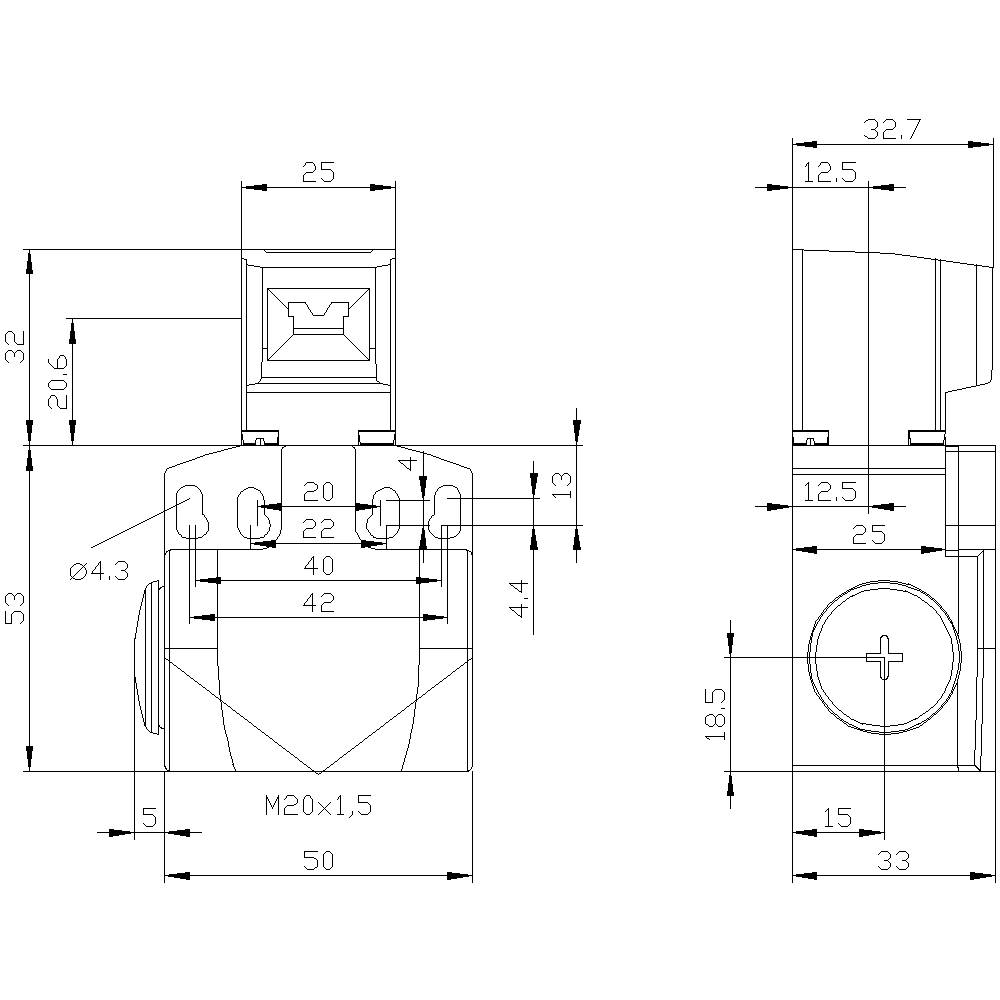 Technische Zeichnung eines mechanischen Bauteils mit detaillierten Maßen in Millimetern, Vorder- und Seitenansicht.