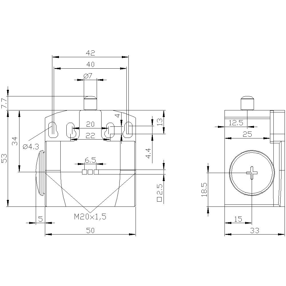 Technische Zeichnung eines Bauteils mit Abmessungen: Höhe 53 mm, Breite 42 mm. Details zeigen Bohrungen, Gewinde M20x1,5 und andere Maße.