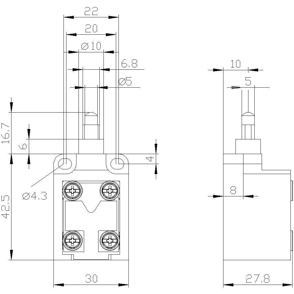 Technische Zeichnung eines elektrischen Bauteils mit Maßen in Millimetern: Breite 30, Höhe 42,5. Zeigt Schraubenlöcher und Anschlüsse.