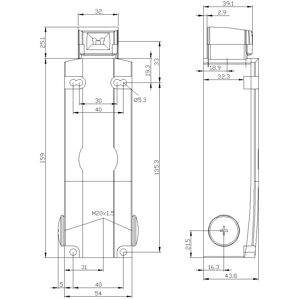 Technische Zeichnung eines Bauteils mit Bemaßungen in Millimetern. Front- und Seitenansicht; Angaben zu Höhe, Breite und Gewindegröße.