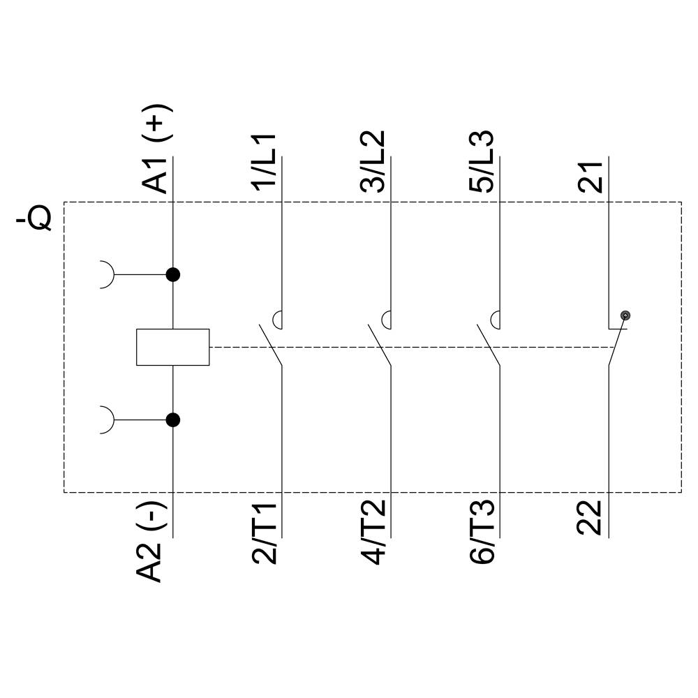 Schaltskizze eines Schalters mit Kontakten A1, A2, 1/L1, 3/L2, 5/L3, 2/T1, 4/T2, 6/T3, 21 und 22. Die Kontakte sind durch Linien verbunden.