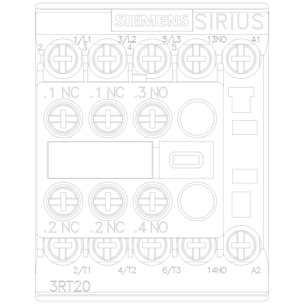 Diagramm eines Siemens SIRIUS Schütz, Modell 3RT20, mit Anschlusspunkten und Beschriftungen für elektrische Installationen.