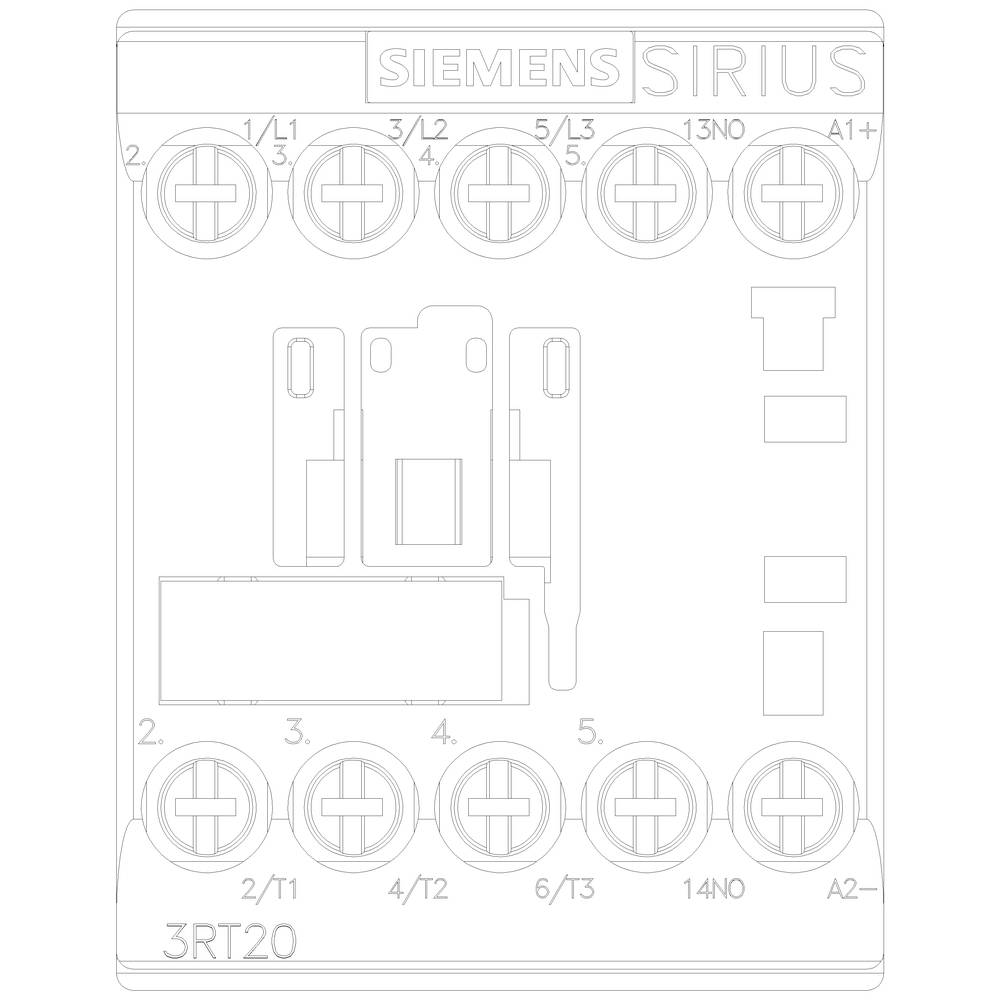 'Siemens SIRIUS 3RT20' Schütz Schaltplan. Oben Anschlussklemmen L1, L2, L3, N, A1+, unten 2/T1, 4/T2, 6/T3, 14NO, A2-.