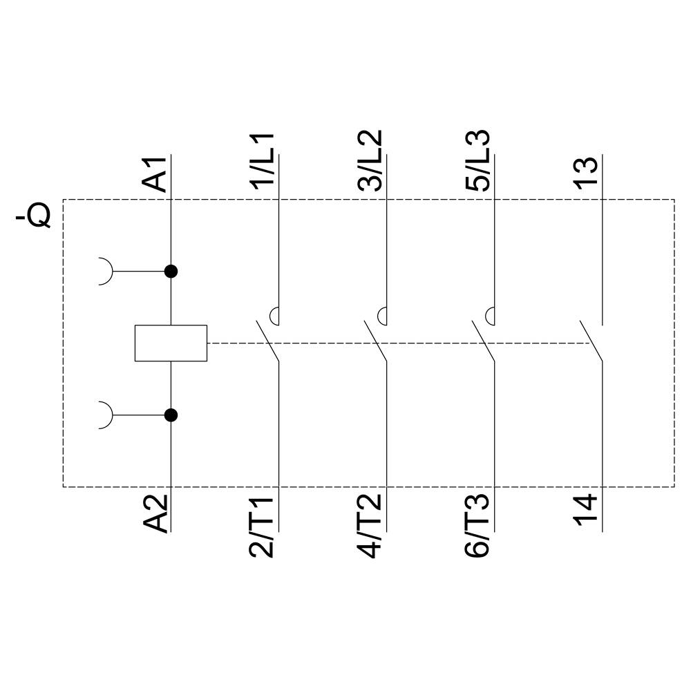 Schaltplan eines Schützen mit Spulenanschlüssen A1 und A2, sowie Hauptkontakte 1/L1, 3/L2, 5/L3, 2/T1, 4/T2, 6/T3, und 13, 14.