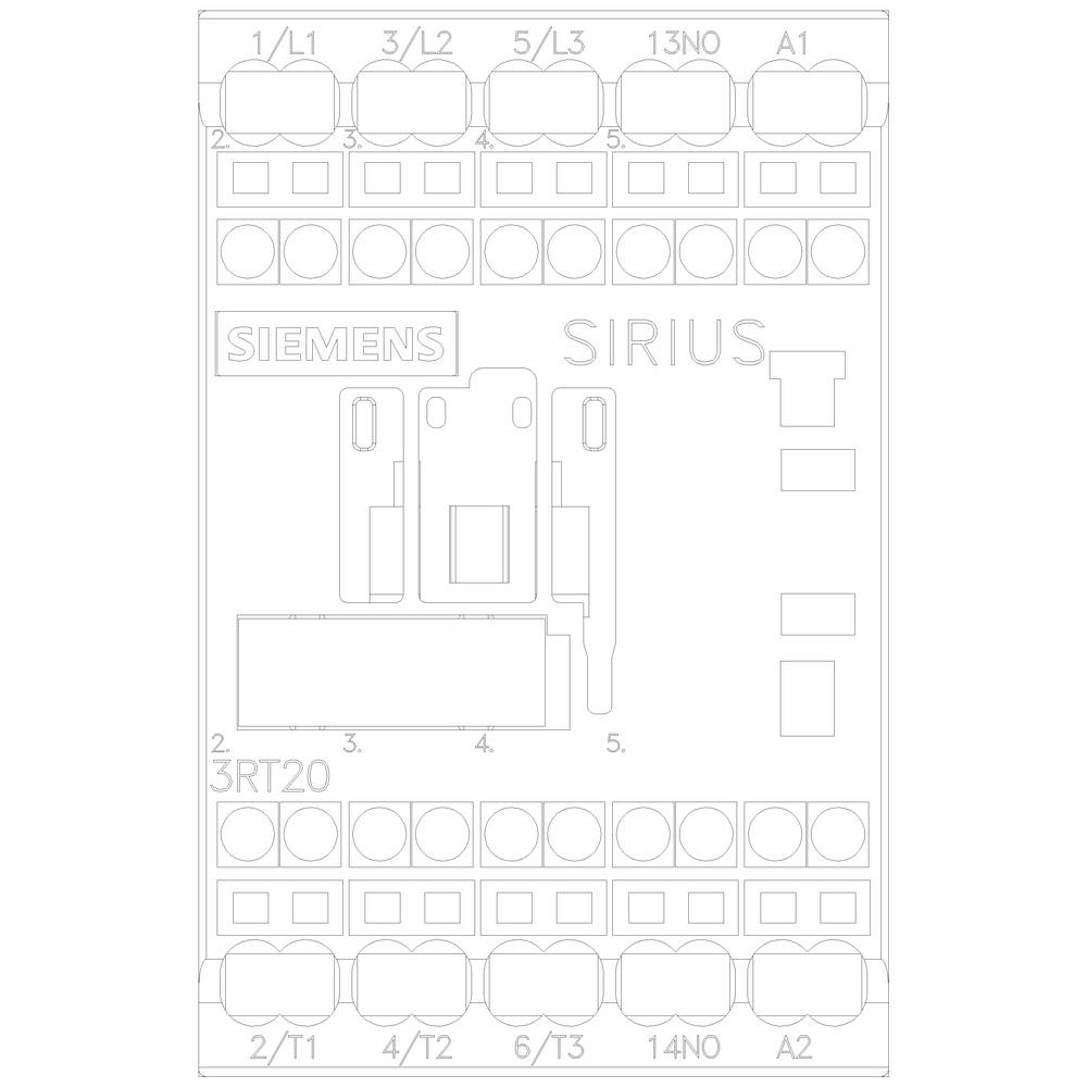 Schaltplan eines Siemens SIRIUS Motorstarters 3RT20 mit Anschlussbezeichnungen. Oben: L1, L2, L3, 13NO, A1; Unten: T1, T2, T3, 14NO, A2.