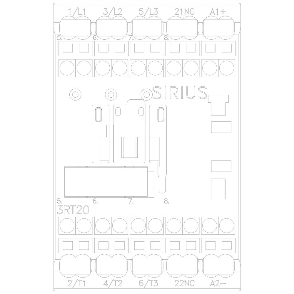Zeichnung eines elektrischen Schaltgeräts mit Beschriftungen von Klemmen und Anschlüssen. L1, L2, L3 oben; T1, T2, T3 unten.