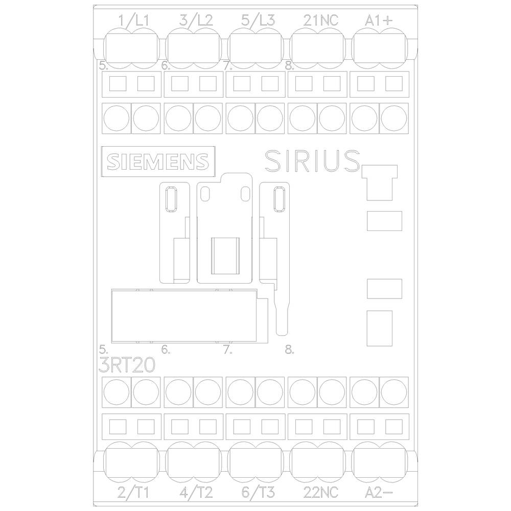 Schaltplan eines Siemens SIRIUS Relais mit Anschlussklemmen und Bezeichnungen wie '1/L1', '3/L2', '5/L3', '21NC', 'A1+'.