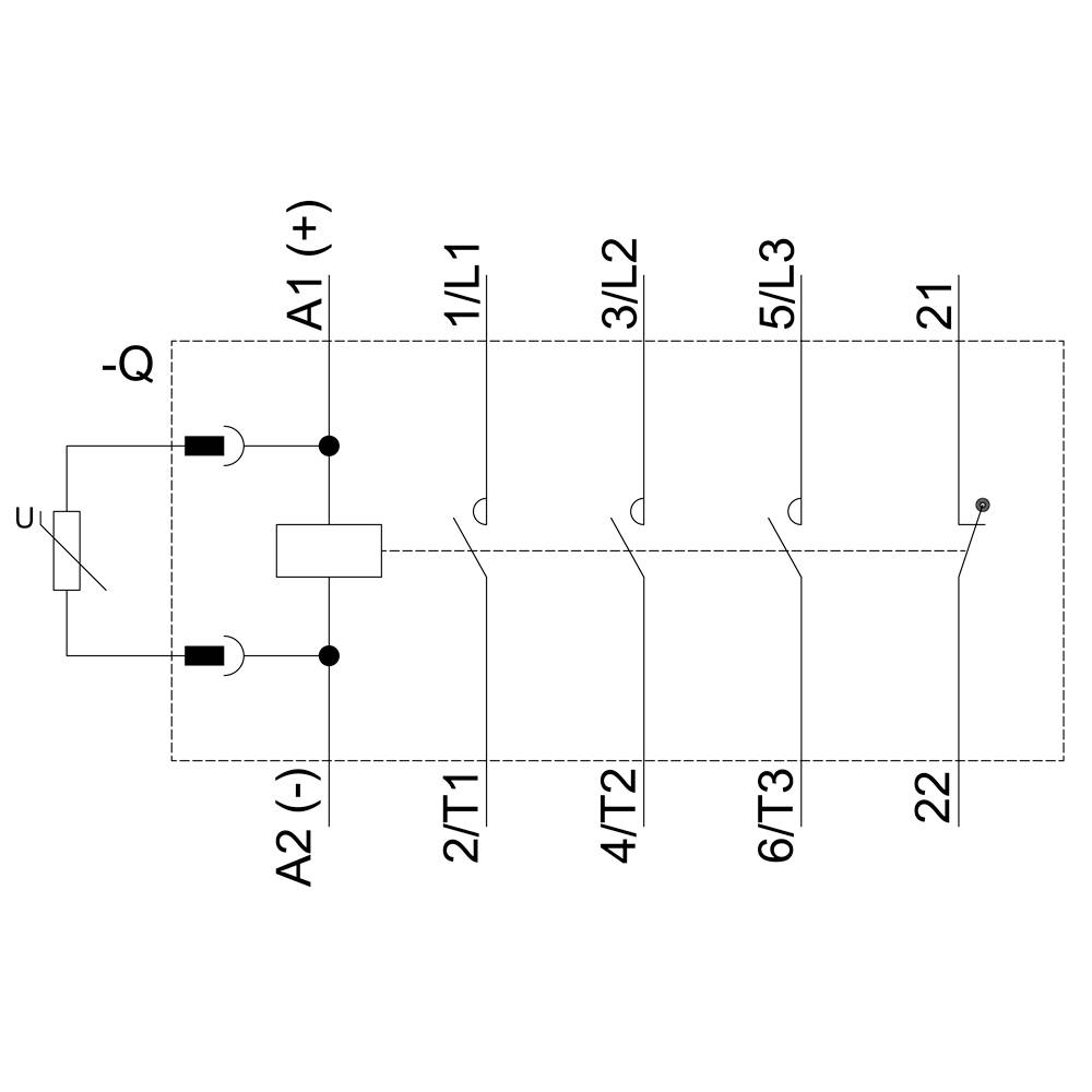 Schaltplan zeigt ein Schütz mit einer Spule und drei Hauptkontakte. Markierungen A1, A2, 1/L1, 3/L2, 5/L3, 2/T1, 4/T2, 6/T3.