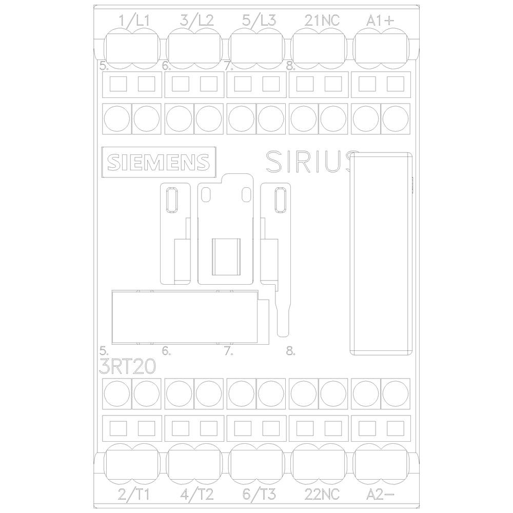 Siemens SIRIUS Schaltgerät; Kontakte 1/L1, 3/L2, 5/L3 oben, 2/T1, 4/T2, 6/T3 unten; NC-Kontakt 21NC, A1+ und A2- seitlich.