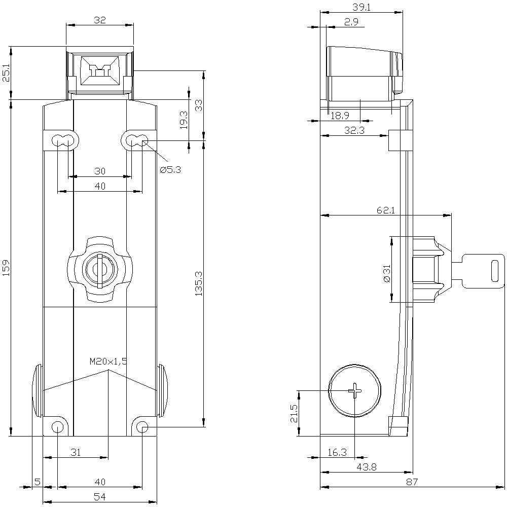 Technische Zeichnung eines mechanischen Teils mit detaillierten Abmessungen und Beschriftungen, Front- und Seitenansicht.