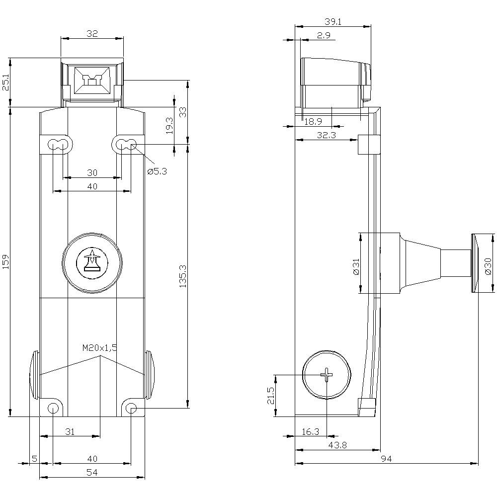 Technische Zeichnung eines Türschlosses mit Maßangaben. Vorder- und Seitenansicht zeigen Details des zylindrischen Schließmechanismus.