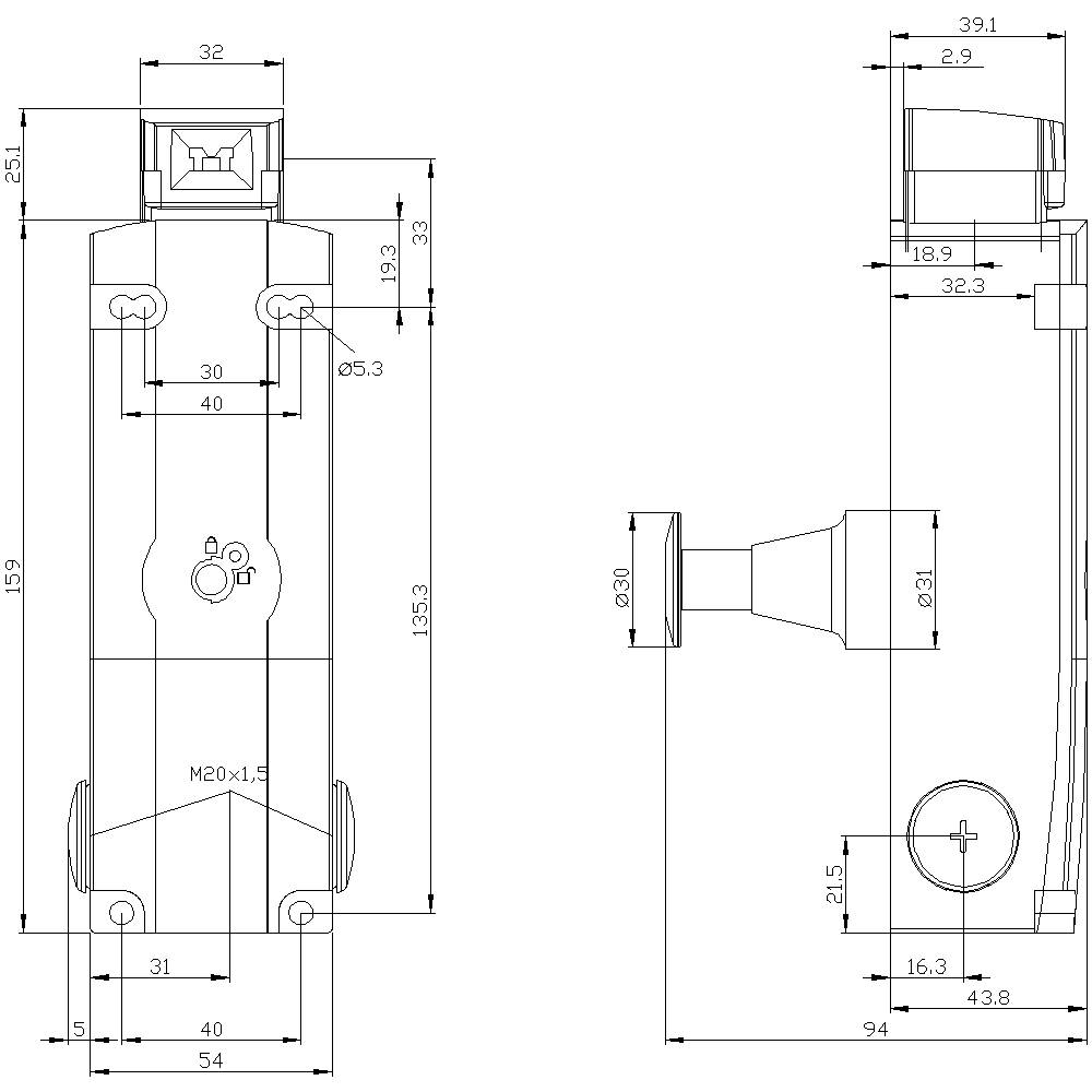Technische Zeichnung eines mechanischen Bauteils mit Maßen, Seitenansicht und Frontansicht, metrische Einheiten.