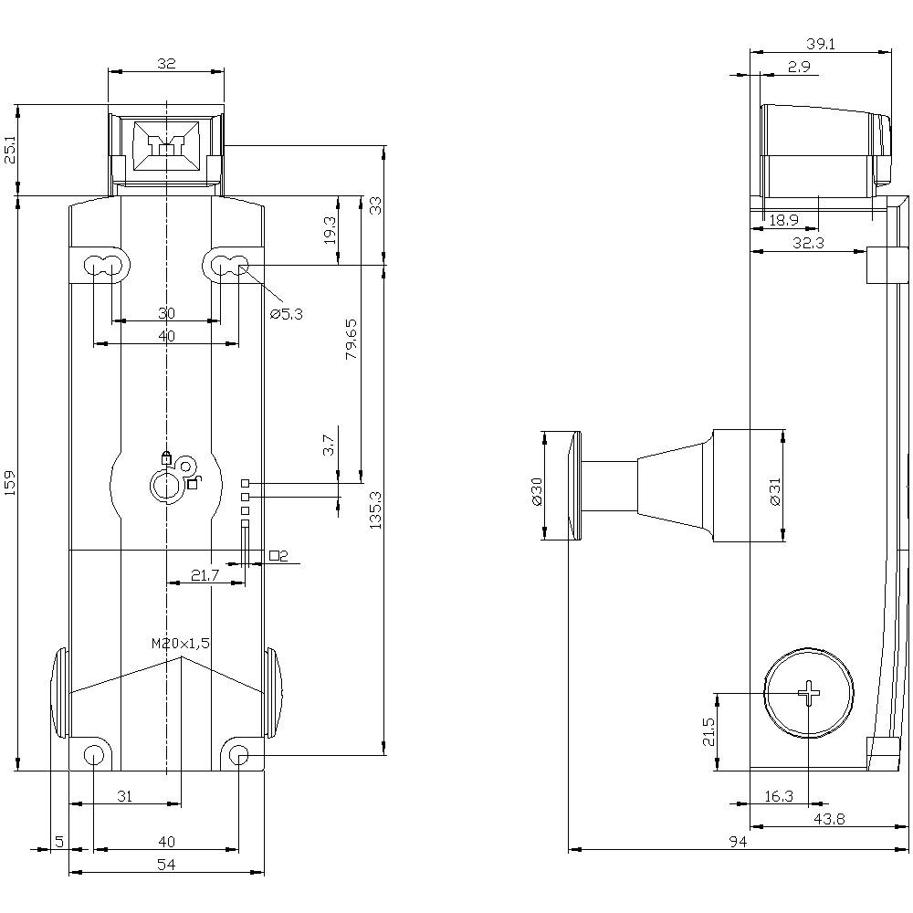 Technische Zeichnung eines mechanischen Bauteils. Vorder-, Seiten- und Draufsicht mit Maßangaben in Millimetern, Gewindeangaben und Bohrungspositionen.