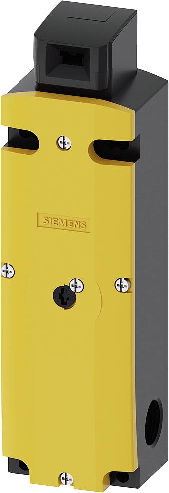 Ein gelbes elektromechanisches Bauteil von Siemens, vermutlich ein Sicherheitsschalter oder Endschalter, mit mehreren Befestigungspunkten.