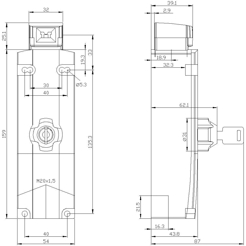 Technische Zeichnung eines Bauteils mit detaillierten Maßen. Vorder- und Seitenansicht mit Bemaßungen, Löchern und Gewinden.