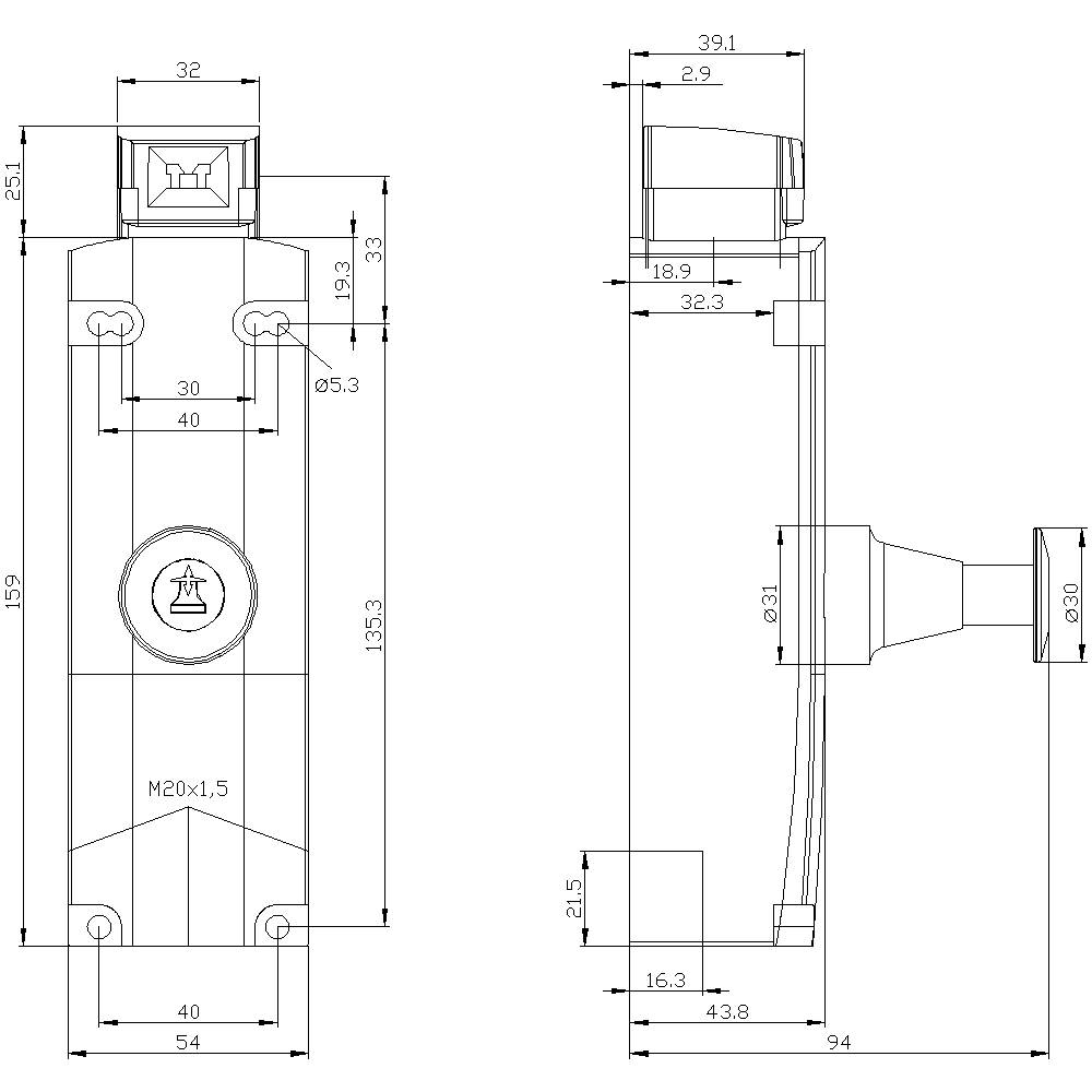 Technische Zeichnung eines Sicherheitsschalters mit Abmessungen in Millimetern. Frontalansicht und Seitenansicht mit detaillierten Maßen.