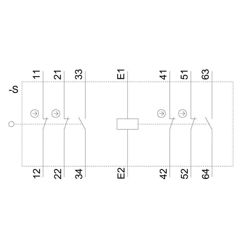 Verdrahtungsdiagramm einer Schaltanlage mit zwei Eingängen (E1, E2) und mehreren Ausgängen (11-64), die durch Schalter gesteuert werden.