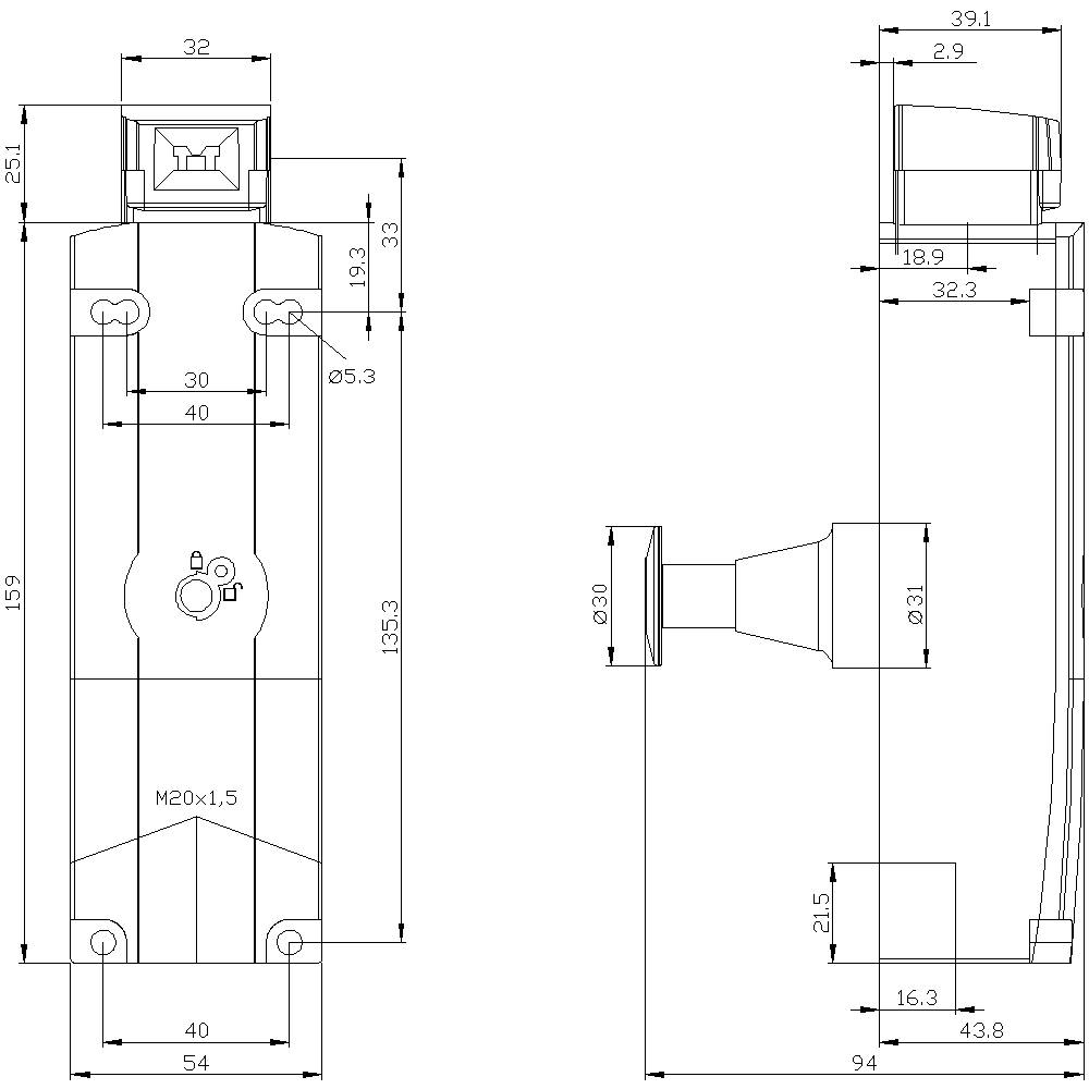 Technische Zeichnung eines mechanischen Bauteils mit Maßeinheiten in Millimetern. Zeigt Vorder- und Seitenansicht mit maßgeblichen Details.