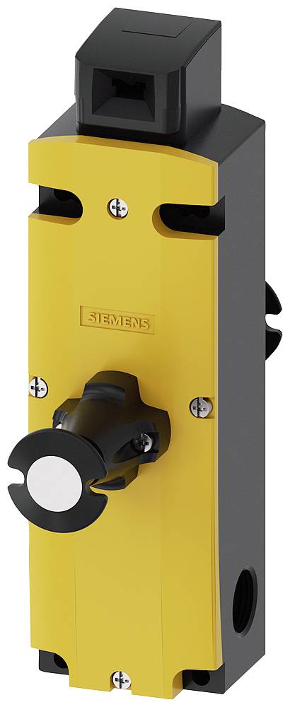 Gelbes Sicherheitsschaltgerät mit schwarzem Hebel, verwendet zur Sicherung von Maschinen oder Schutztüren in industriellen Anwendungen.