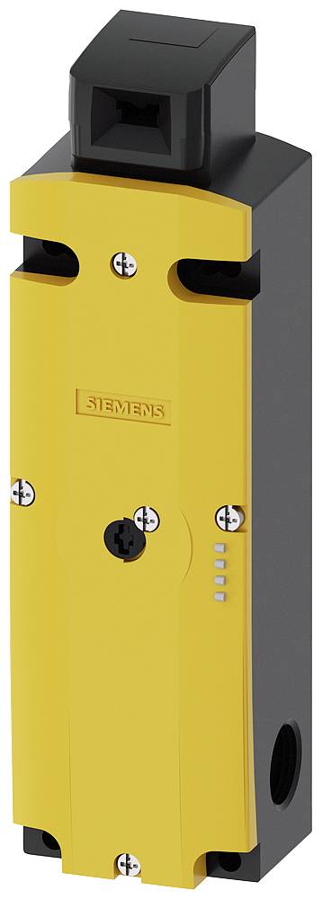 Ein gelber Siemens-Sicherheitsschalter mit rechteckiger Form, schwarzem Gehäuse und Schraubbefestigungen an den vier Ecken.