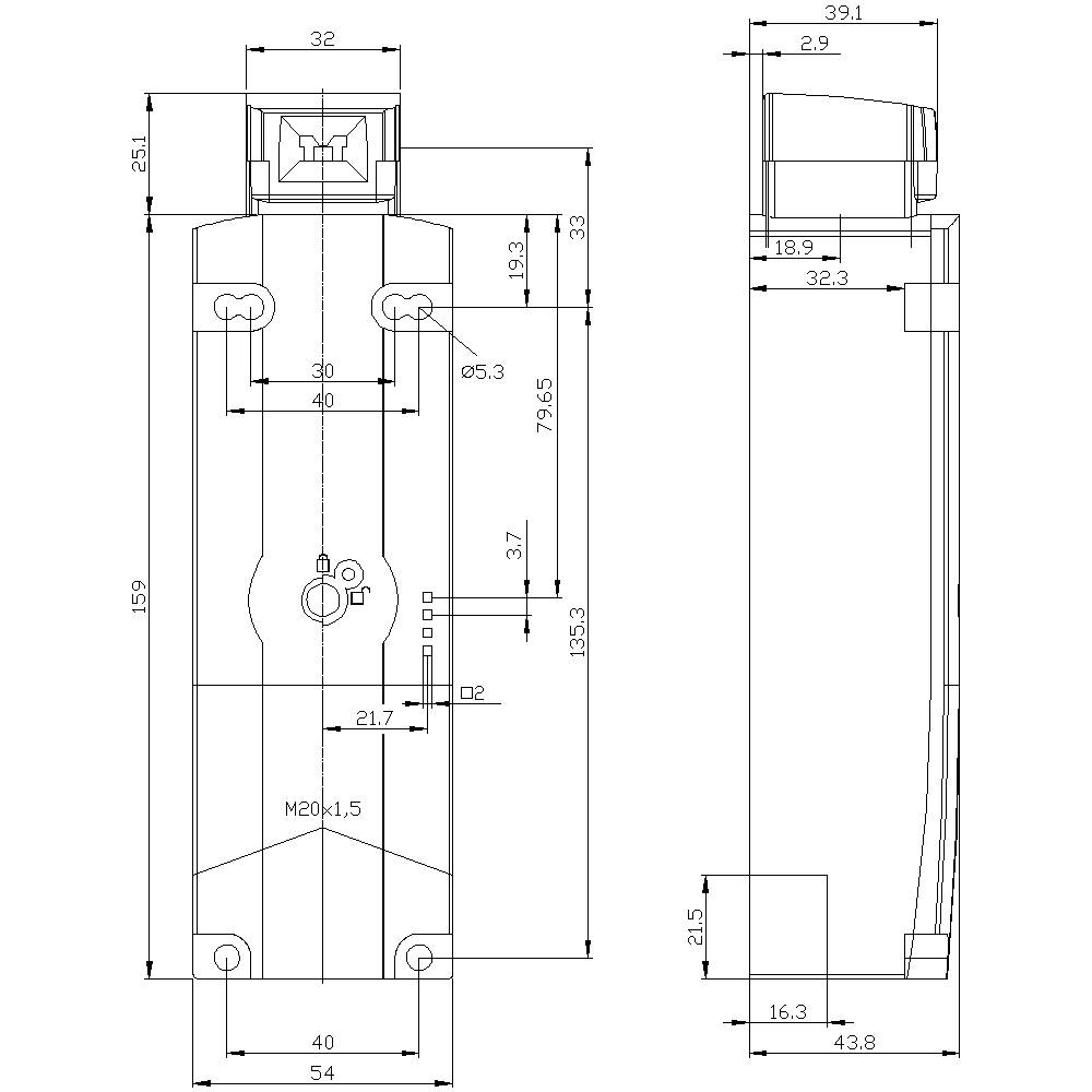 Technische Zeichnung eines mechanischen Bauteils mit Seiten- und Vorderansicht, inklusive detaillierter Bemaßungen in Millimetern.