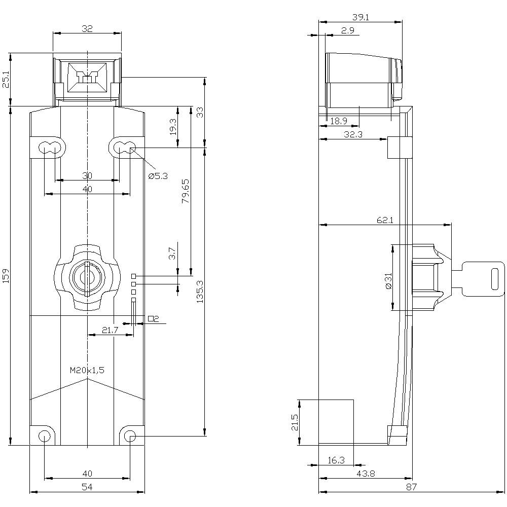 Technische Zeichnung eines strukturellen Bauteils mit detaillierten Maßangaben in Millimetern, bestehend aus Vorder- und Seitenansicht.