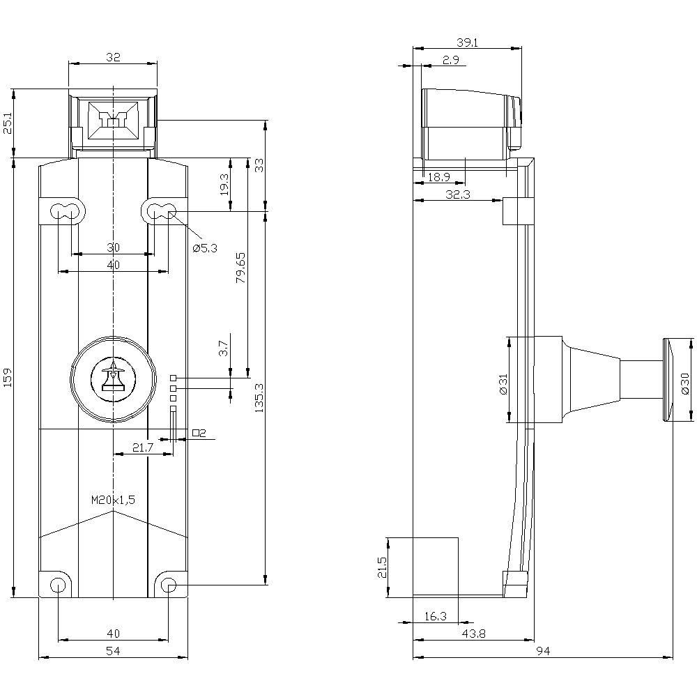 Technische Zeichnung eines mechanischen Bauteils mit Bemaßungen in Millimetern. Zeigt Vorder- und Seitenansicht mit präzisen Details.
