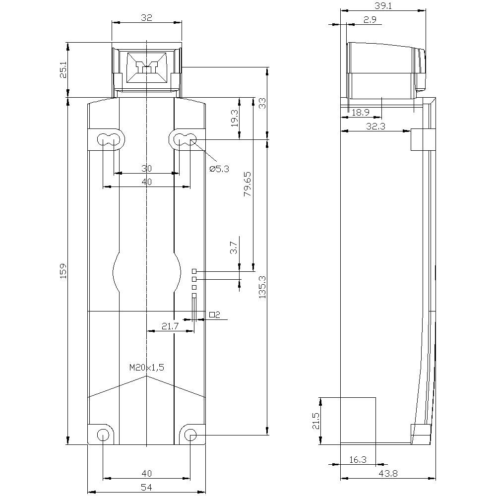 Technische Zeichnung eines mechanischen Teils mit Maßen in Millimetern. Vorder- und Seitenansicht mit Details zu Löchern und Gewinden.