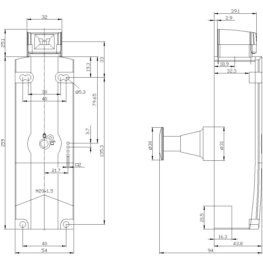 Technische Zeichnung eines mechanischen Teils mit Ansicht von vorne, rechts und oben, inklusive Maßangaben in Millimetern.