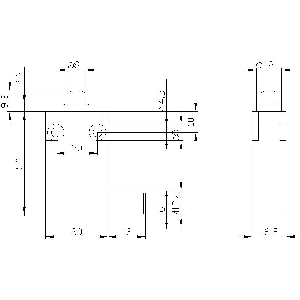 Technische Zeichnung eines Bauteils mit Maßangaben: Höhe 50, Breite 30. Bohrungen Ø8, Ø12. Details zu Abständen und Durchmessern enthalten.