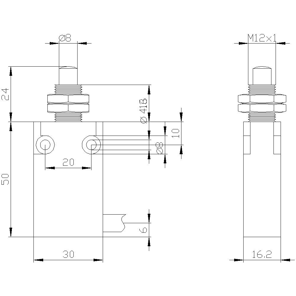 Technische Zeichnung eines zylindrischen Bauteils mit seitlichen und vertikalen Maßen, Gewinde M12x1 und zentralem Zylinder von 16,2 mm Durchmesser.