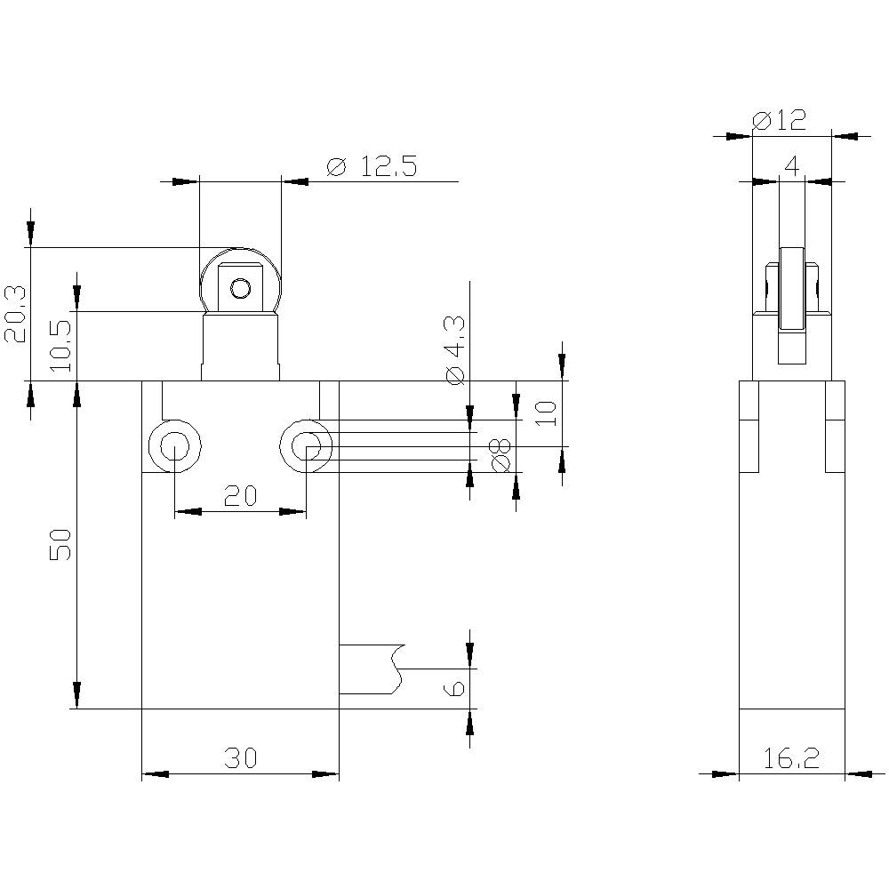 Technische Zeichnung eines mechanischen Bauteils mit Bemaßungen in Millimetern, zeigt Seiten- und Frontansicht mit verschiedenen Durchmessern.