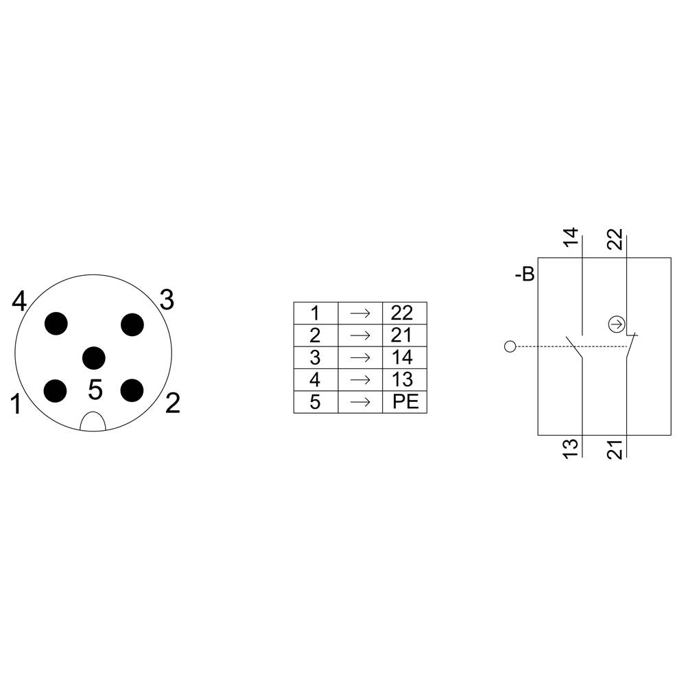 Diagramm mit Rundstecker-Belegung: Pin 1 zu 22, Pin 2 zu 21, Pin 3 zu 14, Pin 4 zu 13, Pin 5 zu PE. Schaltsymbol rechts.