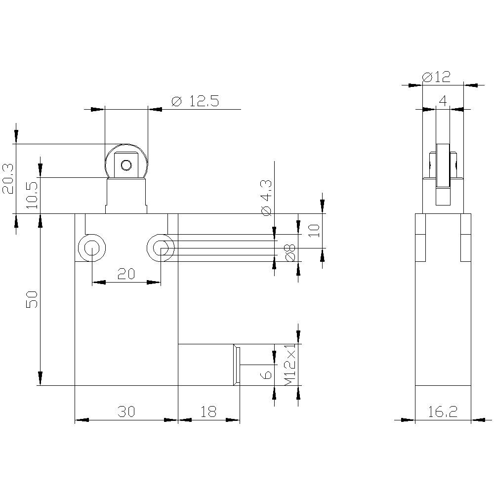 Technische Zeichnung eines Bauteils mit Abmessungen: Höhe 50, Breite 30, Lochdurchmesser 12.5, verschiedene Maße und Details sind markiert.