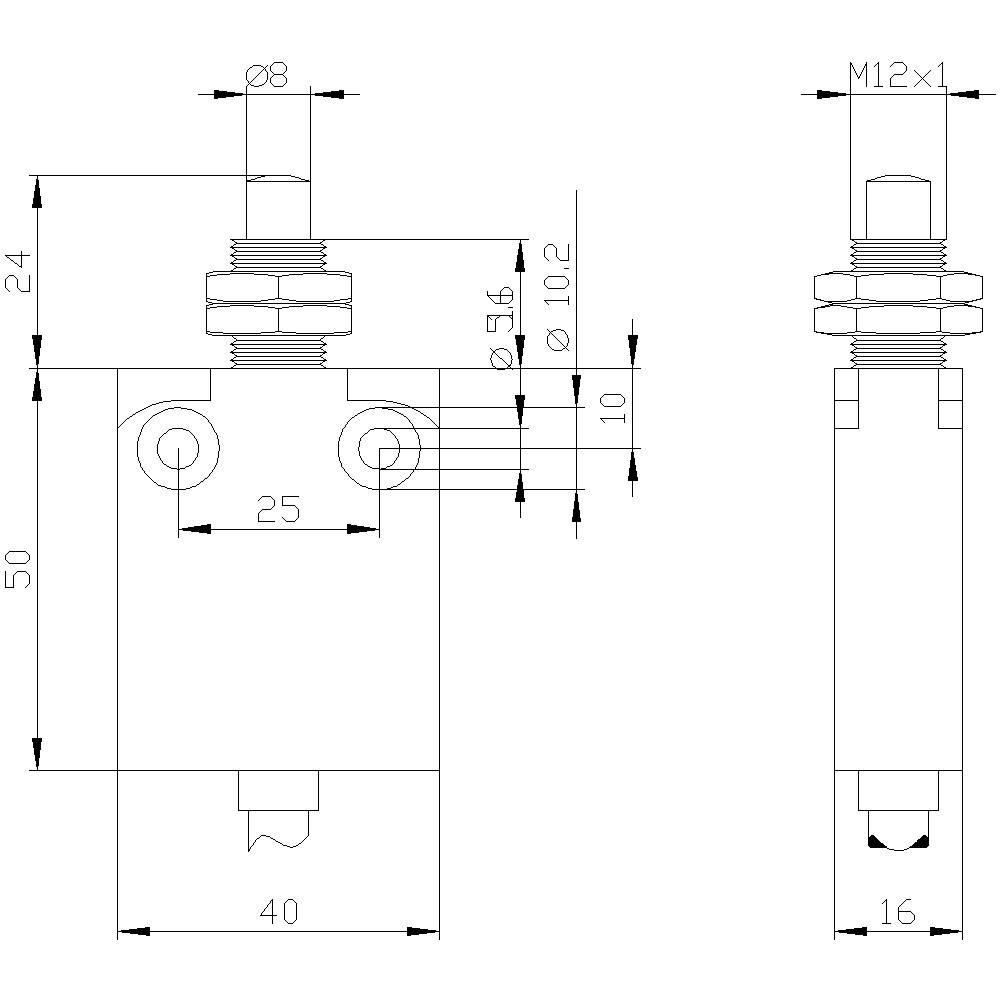 Technische Zeichnung eines Bauteils mit Maßen: 50x16 mm, Gewinde M12x1. Zeigt Seiten- und Vorderansicht mit detaillierten Abmessungen.