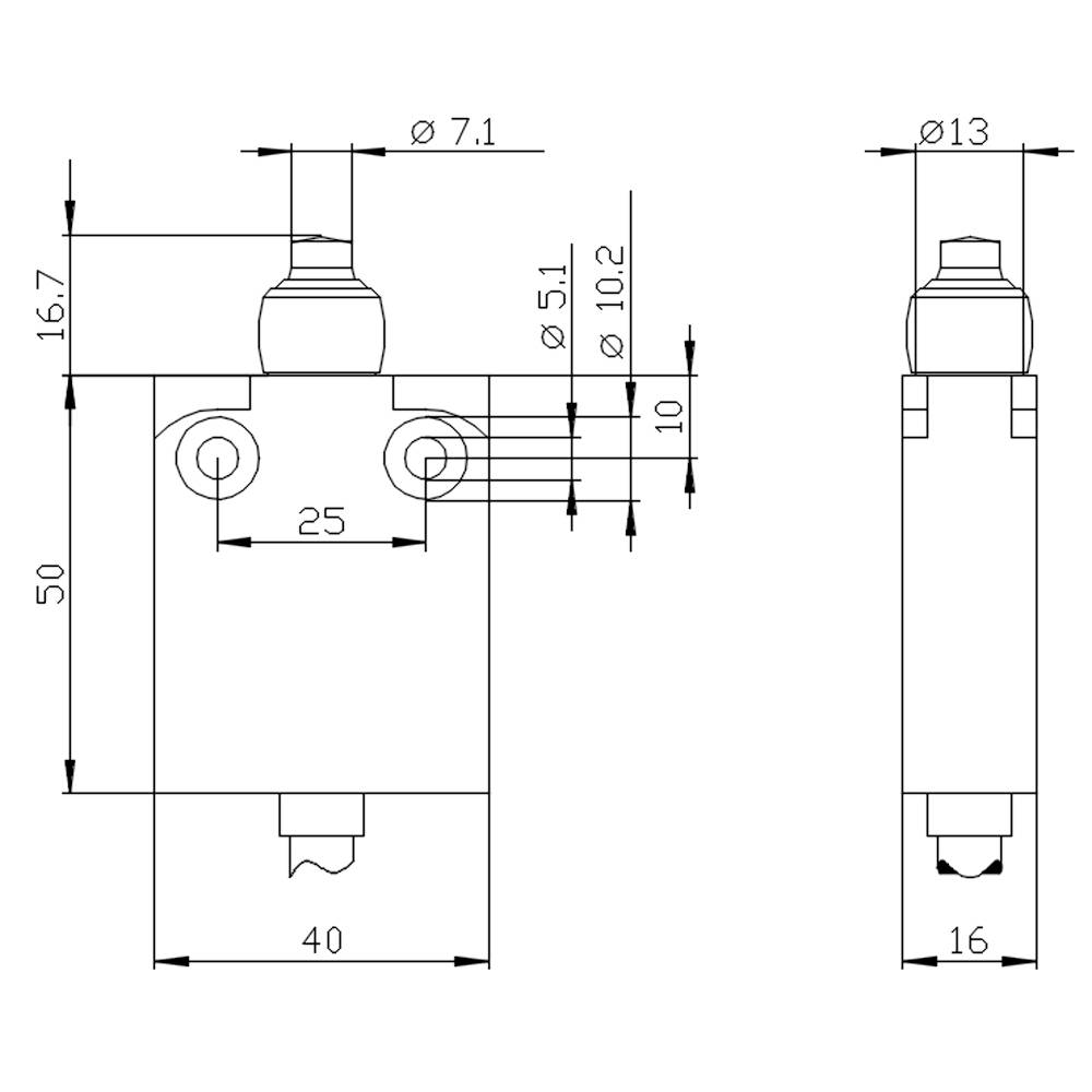 Technische Zeichnung eines Zylinders mit Dimensionen: Höhe 50, Breite 40. Seitenansicht mit Durchmesserangaben, zeigt Ventilpositionen.