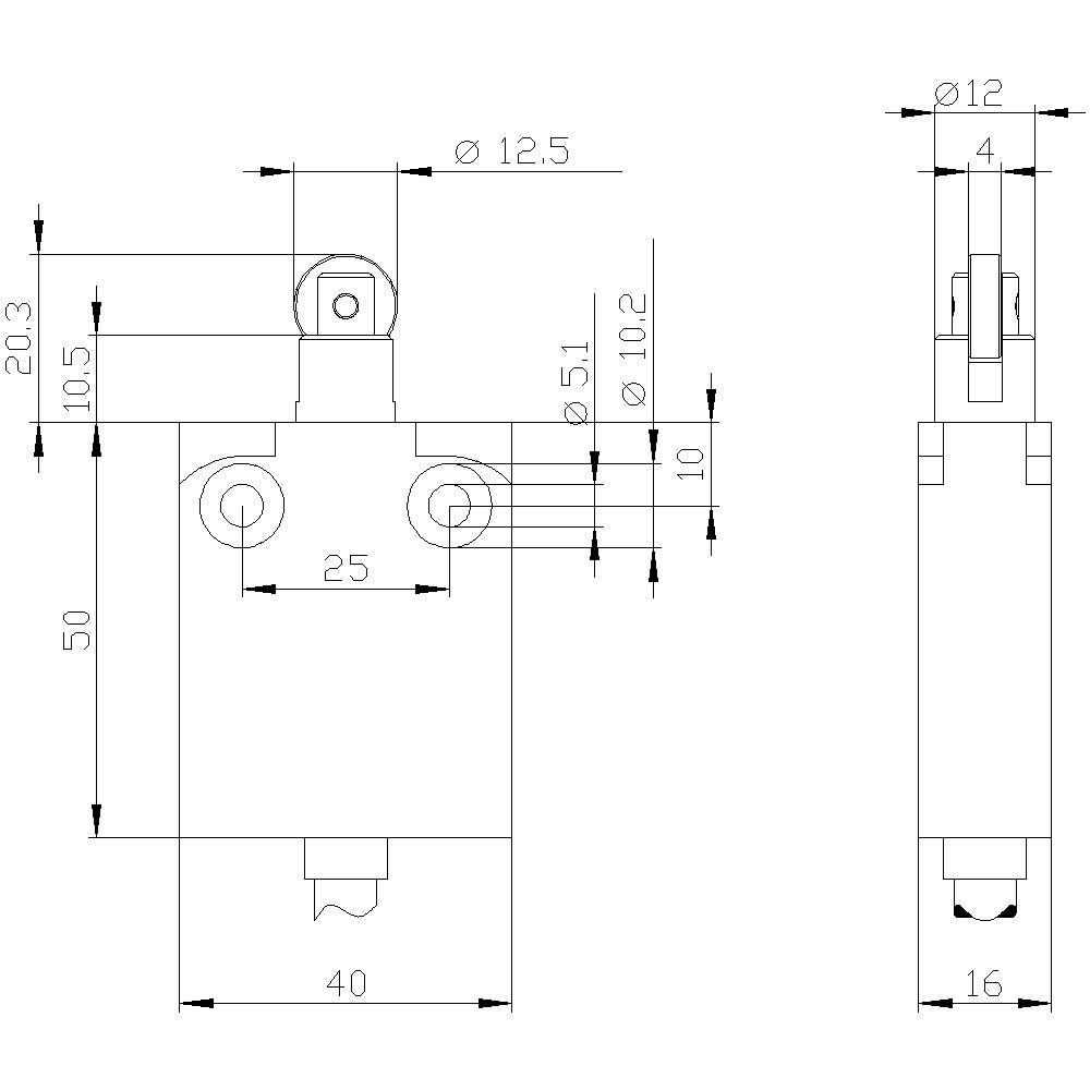 Technische Zeichnung eines pneumatischen Stellantriebs mit Abmessungen: Höhe 50 mm, Breite 40 mm, Bohrungsdurchmesser 12 mm.
