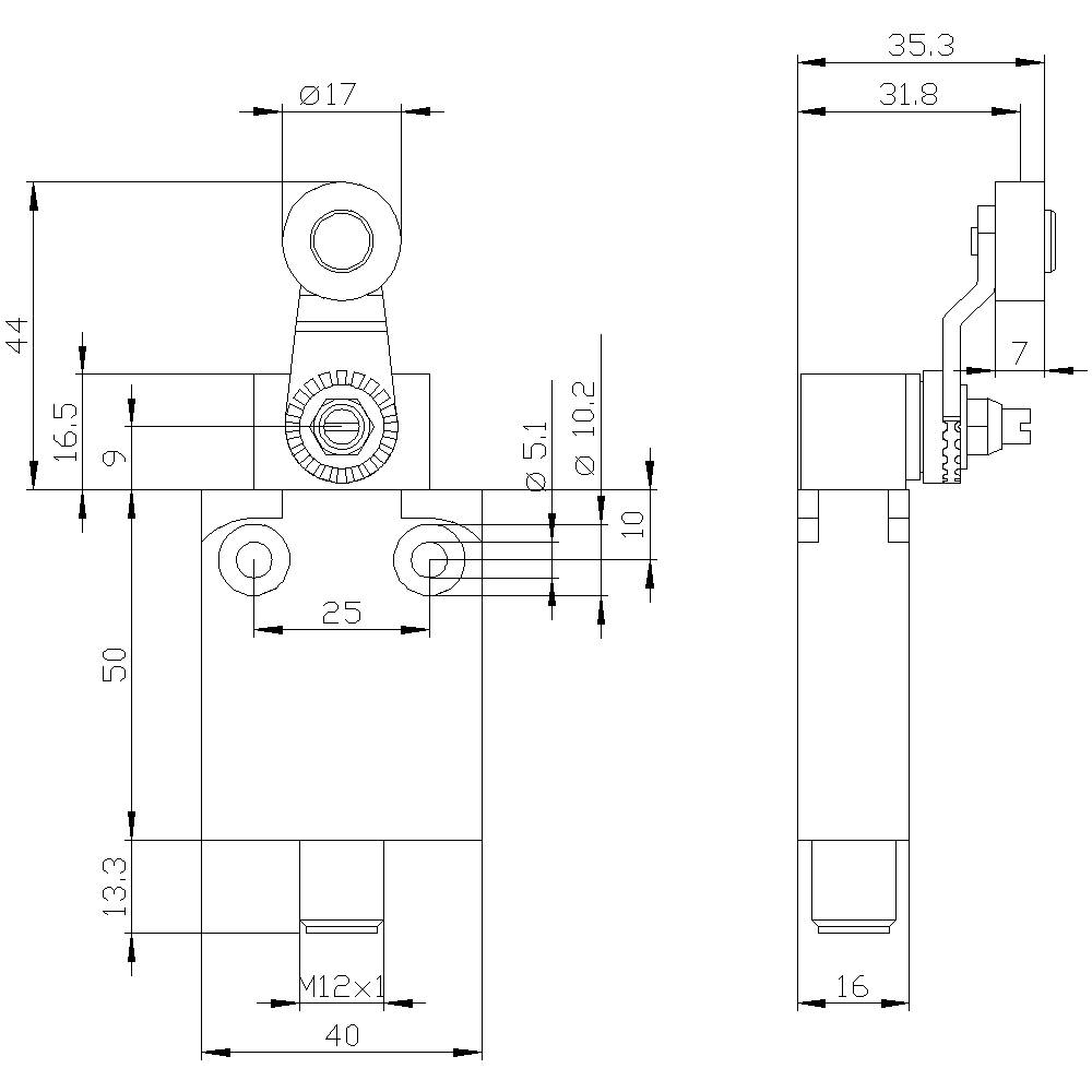 Technische Zeichnung eines mechanischen Bauteils mit Maßen in Millimetern, zeigt Details wie Bohrungsdurchmesser, Gesamtlänge und Breite.
