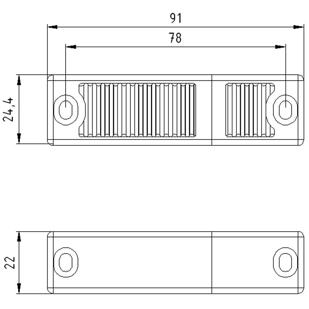 Technische Zeichnung eines rechteckigen Bauteils mit Abmessungen: Länge 91 mm, Breite 24,4 mm, Höhe 22 mm.zeigt Detailansicht des Rändelprofils.
