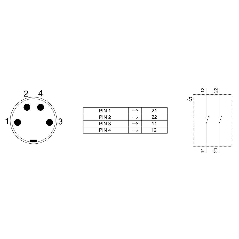 Diagramm eines 4-poligen Steckverbinders mit PIN-Belegungstabelle: PIN 1 zu 21, PIN 2 zu 22, PIN 3 zu 11, PIN 4 zu 12. Schaltplan rechts.