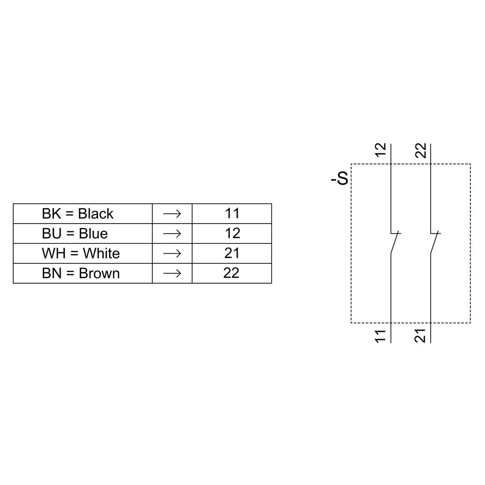 Tabelle zeigt Farbcodes für Kabel: BK = Schwarz, BU = Blau, WH = Weiß, BN = Braun. Diagramm zeigt Verkabelung: 11 zu 22, 12 zu 21.