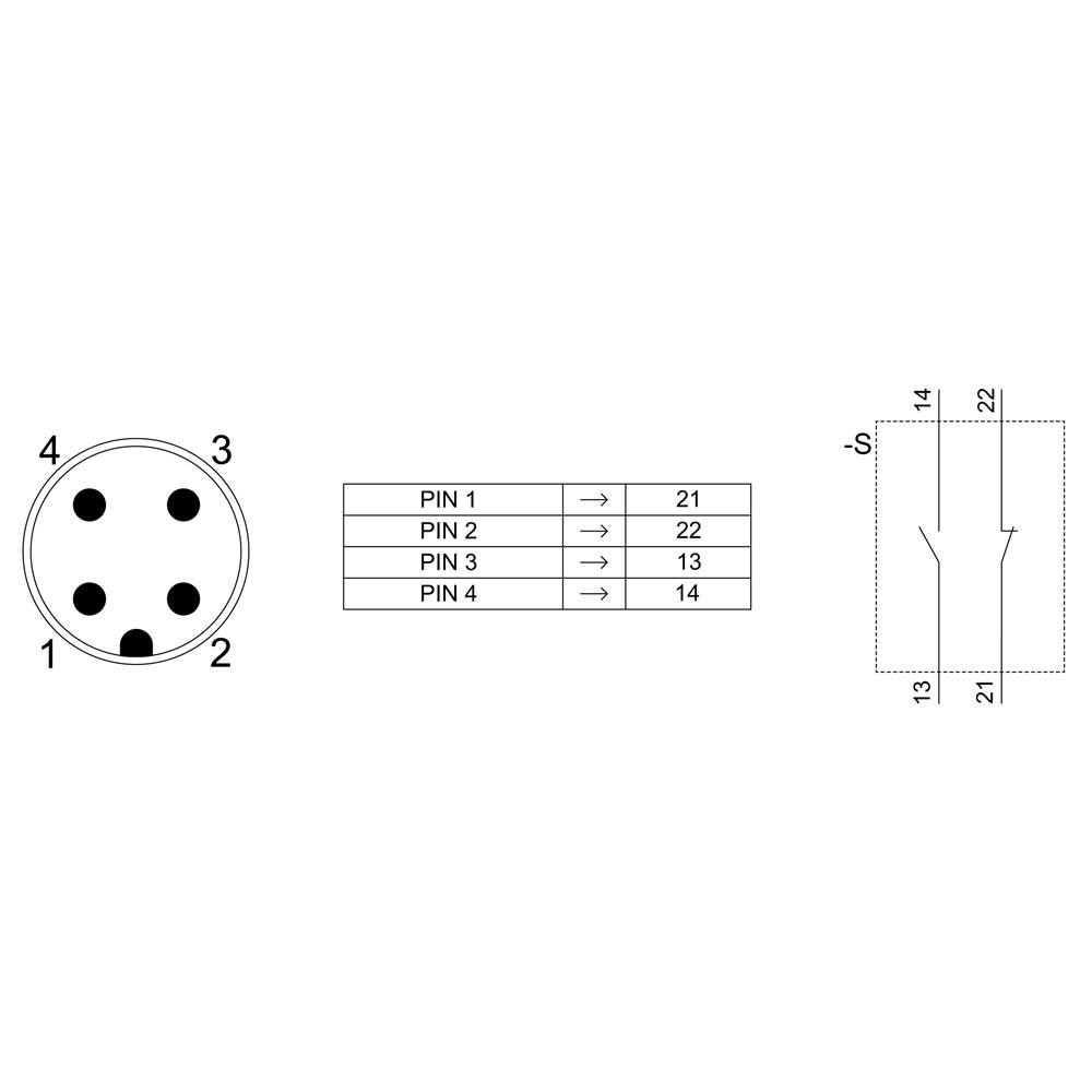 Steckerdiagramm mit vier Anschlüssen, nummeriert von 1 bis 4. Tabelle zeigt Verbindungen: Pin 1 zu 21, Pin 2 zu 22, Pin 3 zu 13, Pin 4 zu 14.