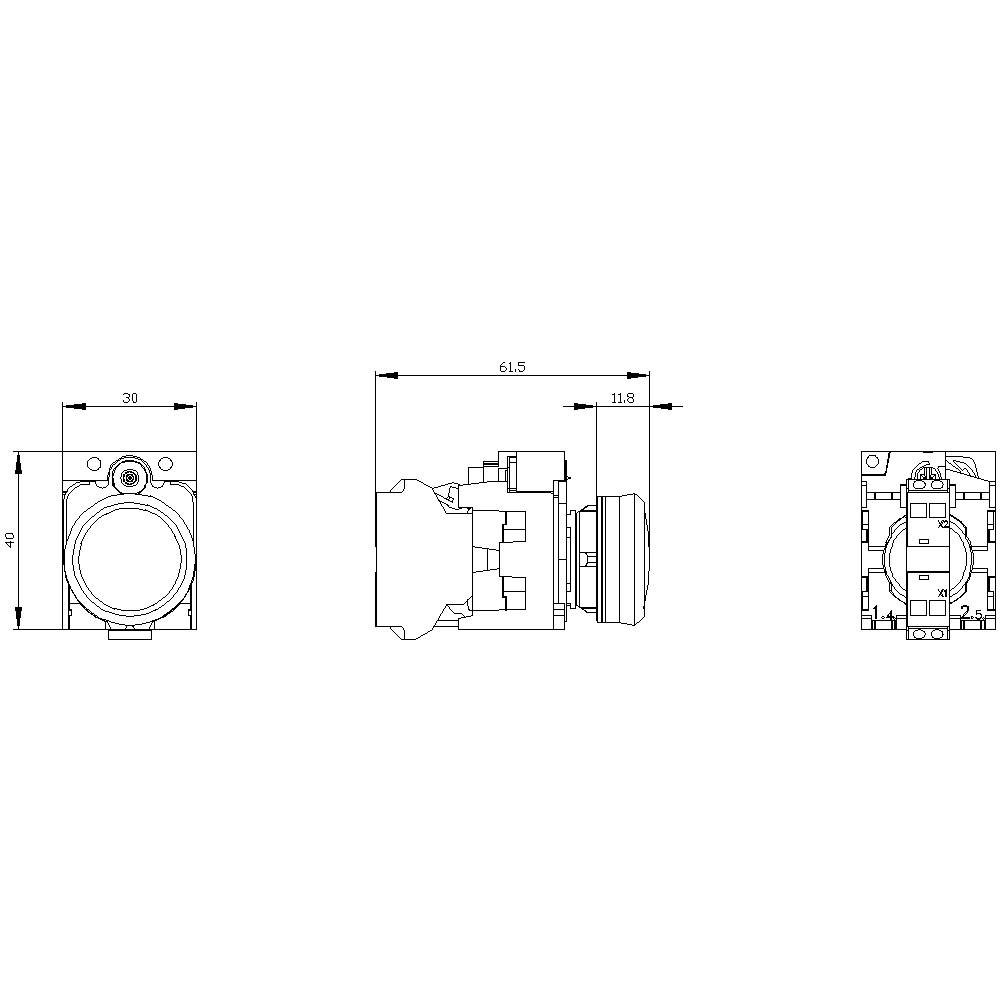 Technische Zeichnung eines runden Schalters. Front-, Seiten- und Rückansicht mit Maßen: Breite 30 mm, Tiefe 61,5 mm, Höhe 40 mm.