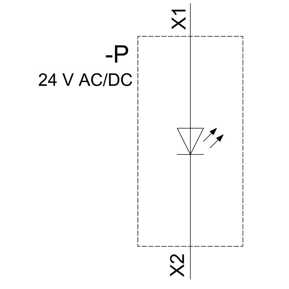 Schaltsymbol eines elektrischen Bauteils: LED mit Anschlusspunkten X1, X2, Spannung 24 V AC/DC, Polarität -P.