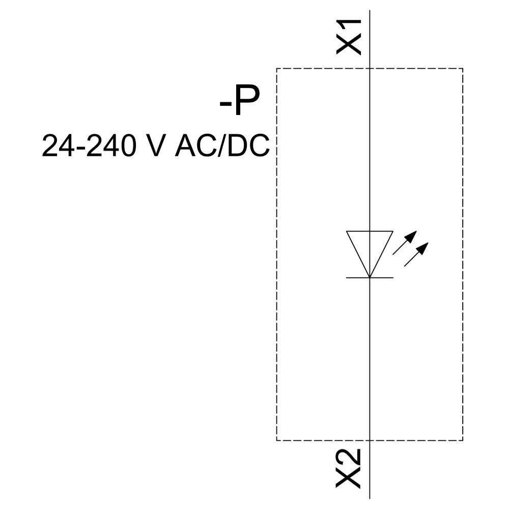 Elektrisches Schaltzeichen zeigt eine Diode mit der Beschriftung '24-240 V AC/DC', verbunden zwischen den Punkten X1 und X2.