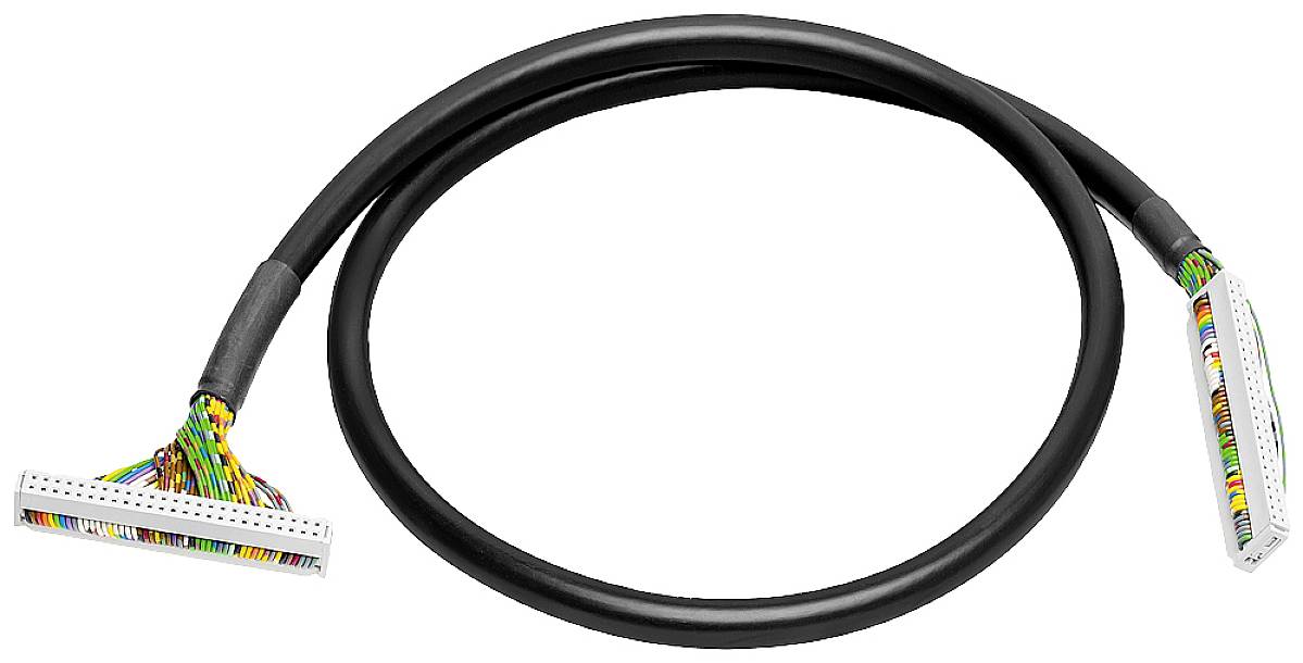 Schwarzes Kabel mit bunten Drähten und Steckverbindern an beiden Enden, verwendet für elektronische oder technische Anwendungen.