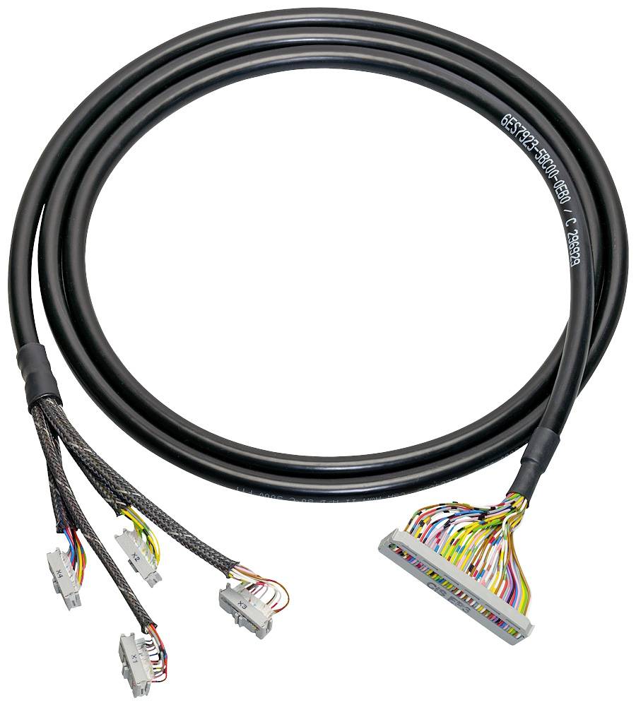 Ein schwarzes, rundes Flachbandkabel mit mehreren farbigen Drähten und drei Steckern, geeignet für elektronische Geräte oder Systeme.